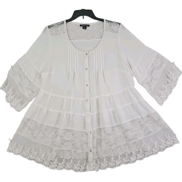 Roaman's ~Woman Plus Size 22W~ White Juliet Lace Trim Button-Up Shirt 3/4 Sleeve - Picture 1 of 14